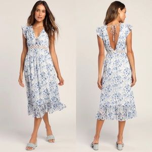NWT Lulus Floral Metallic Crochet Midi Dress Blue White